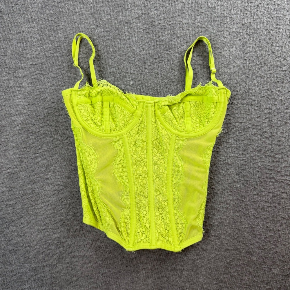 Out From Under Corset Top Women's Small Neon Green Lace Mesh Bustier Camisole‎